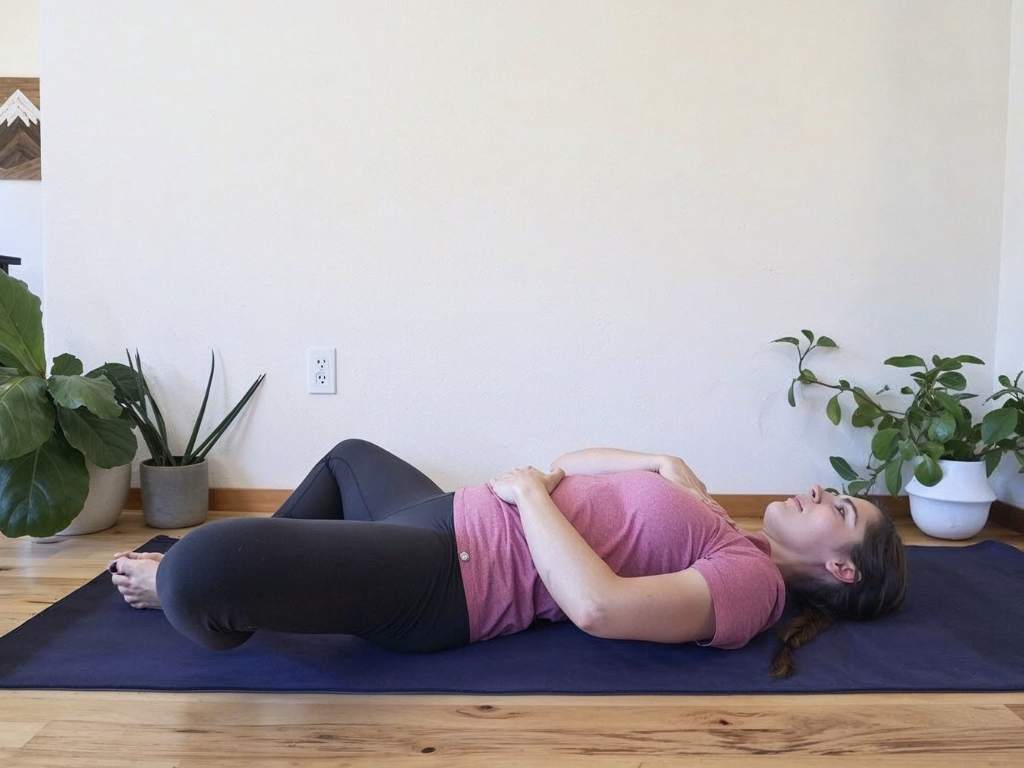 A woman practicing diaphragmatic breathing while lying on her back, focusing on deep belly breaths to engage core muscles for postpartum pelvic floor recovery.