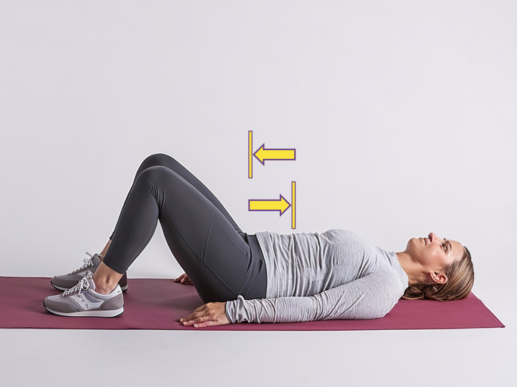 A woman performing pelvic tilts while lying on her back with knees bent, engaging the lower abdomen to strengthen muscles for postpartum pelvic floor recovery.