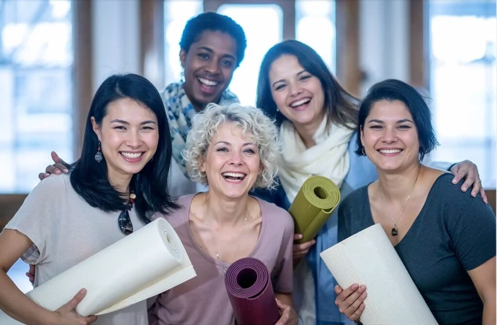 Four happy women of different ages holding yoga mats, laughing together in a bright studio, representing community and confidence in pelvic floor exercise.